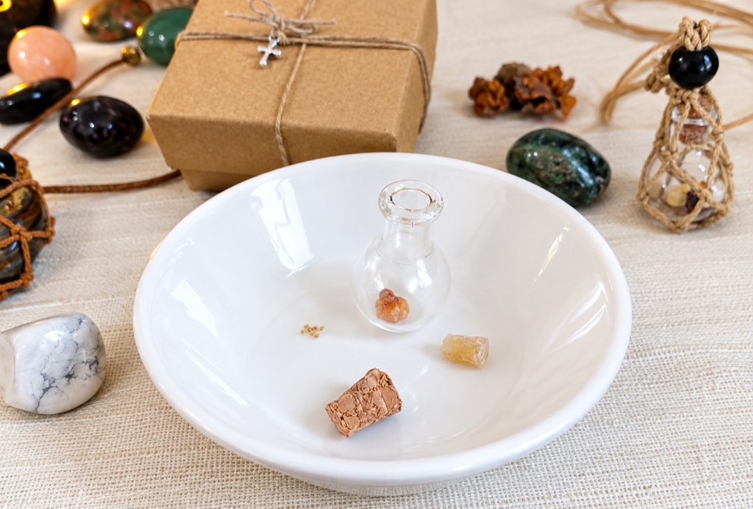 Placer gold, frankincense resin, myrrh resin, vial, and gemstone